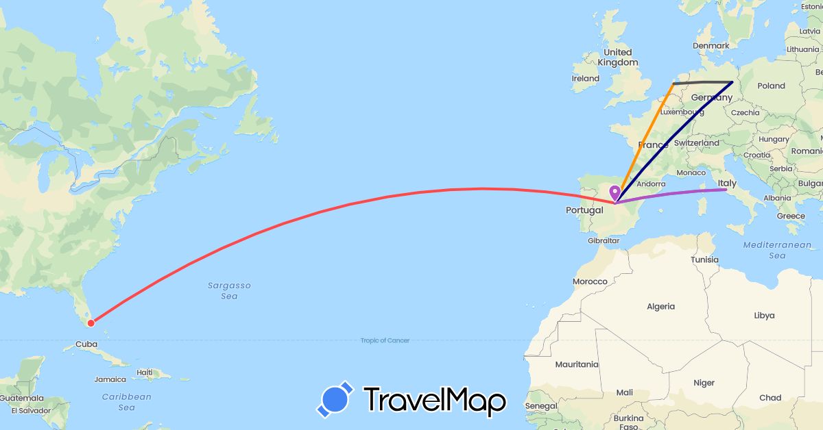 TravelMap itinerary: driving, cycling, train, hiking, hitchhiking, motorbike in Germany, Spain, Italy, Netherlands, United States (Europe, North America)